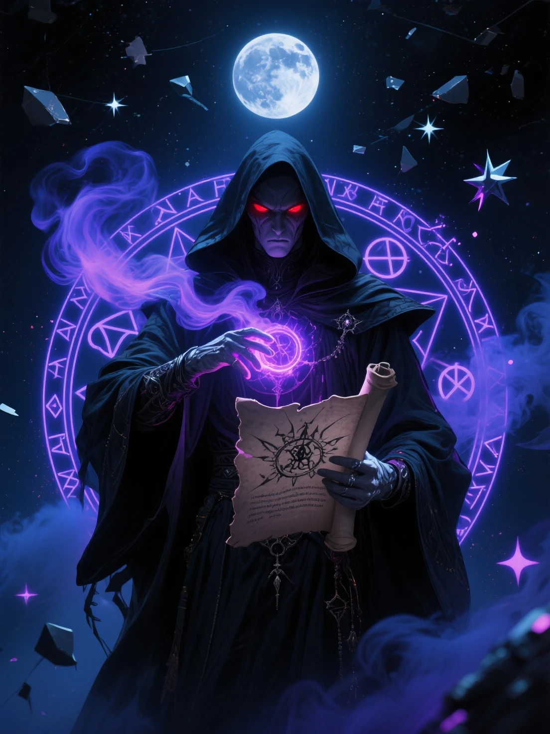 Dark Rune Astrologer,, Black Gold Astrologer,, magic void energy, Glowing eyes, Death Lightning, death energy ball floating on it's Bone Hand, Casting a Spell, Energy Splitting, Bone Hand, Wearing a luxurious cloak, Astral Lightning Floating, Land and rocks float with the power of astrology, detailed glowing runic line floating around, Bones and skulls littered the ground, Deep purple energy, floating in the air, e-chains®, Magic array on the ground,,detailed,Practical,4k highly detailed digital art,Octane Rendering, Bioluminescence, 8k resolution concept art, realism,Designed by Mappa Studio,masterpiece,best quality,Official Art,illustration,Clear lines,(Cool_color),Perfect composition,ridiculous, fantasy,concentrated,The third law