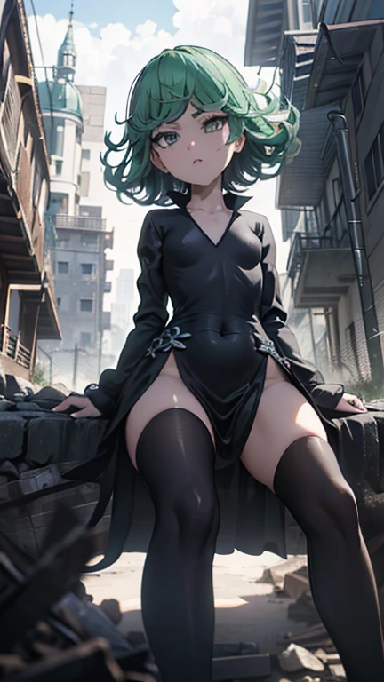 Anime art style, Fubuki from one punch man, green hair, white skin, wearing black underwear, sitting on a destroyed city, cinematic fog, blushing cheeks, blush expression, dynamic pose, big breast, big hips, NSFW, side view,