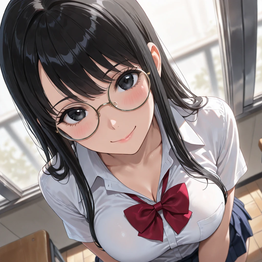 ((highest quality、Mastepiece、High resolution))、(((Zoom photo from above:1.95、、Glasses、blush、Santa、Cute smile:1.5、、Wet body、Wet Hair、Cleavage、Black Hair、Curly Hair、In the classroom)))