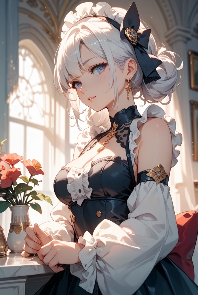 (((beautiful gothic woman:1.3)),(((Accentuate your breast),(Dynamic Angle),(Dynamic and sexy bending e:1.3),(Sit on a chair:1.3),(Shiny silver and orange inner color short hair,Big ample breasts,Clothingessy due to movement,Chest slip,(Intricately braided and beaded twisted ponytail bun,Braided Setup Fishbone Hair),(See-through bangs),Huge breasts、(((A white lacethat shows your bare skin from under your big breasts...)))、blush with et、Dreamy eyes、A smile that captivates the viewer、(Looking Back:1.7)、Peeking into the photographer,Sweaty skin,Staring at the audience,(Professional Lighting),(8k,3D Images,Tabletop,highest quality,Ultra-high resolution output images,),(Ultra HD with Intricate Detail Picture Mode),Depth of written boundary,Beautiful Hands,Beautiful fingers,Detailed characteristics of the fingers,(Detailed hair features:1.7),Detailed facial features,Detailed clothing features,Wearing long gloves。Succubus in a wedding dress and knee-high socks