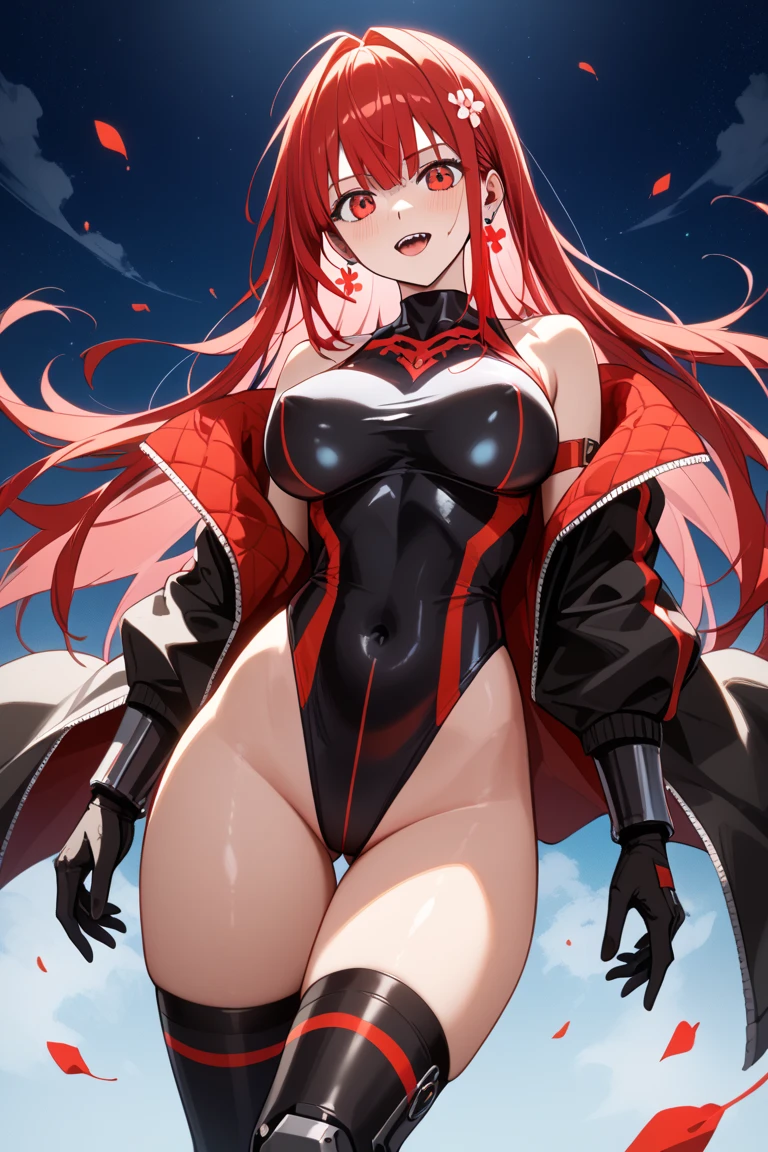 Full body, beautiful red eyes, blush, cute face,  high quality, 8k, high resolution, (1 cute woman, solo: 1.1), gigantic breasts, lips, parted lips, beautiful background, red hair, shiny red crop top, shiny red skirt, shiny red gloves, shiny red heel boots, naked shoulders