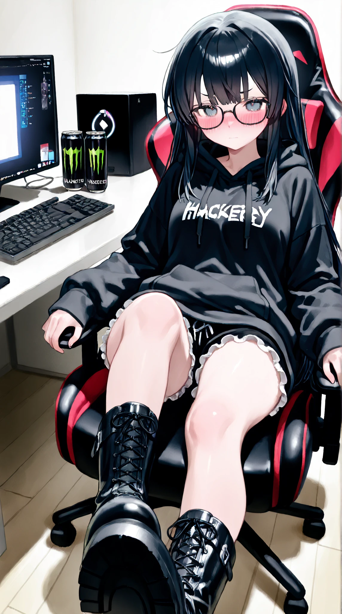 long curly brown hair, brown eyes, sitting at desk, gamer headset, gamer chair, gamer phone, pale skin, thick girl