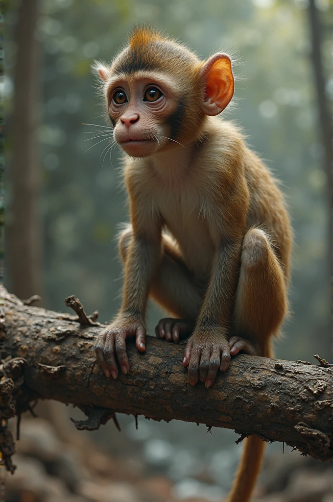 A small brown monkey sitting tensely on a broken tree branch - SeaArt AI