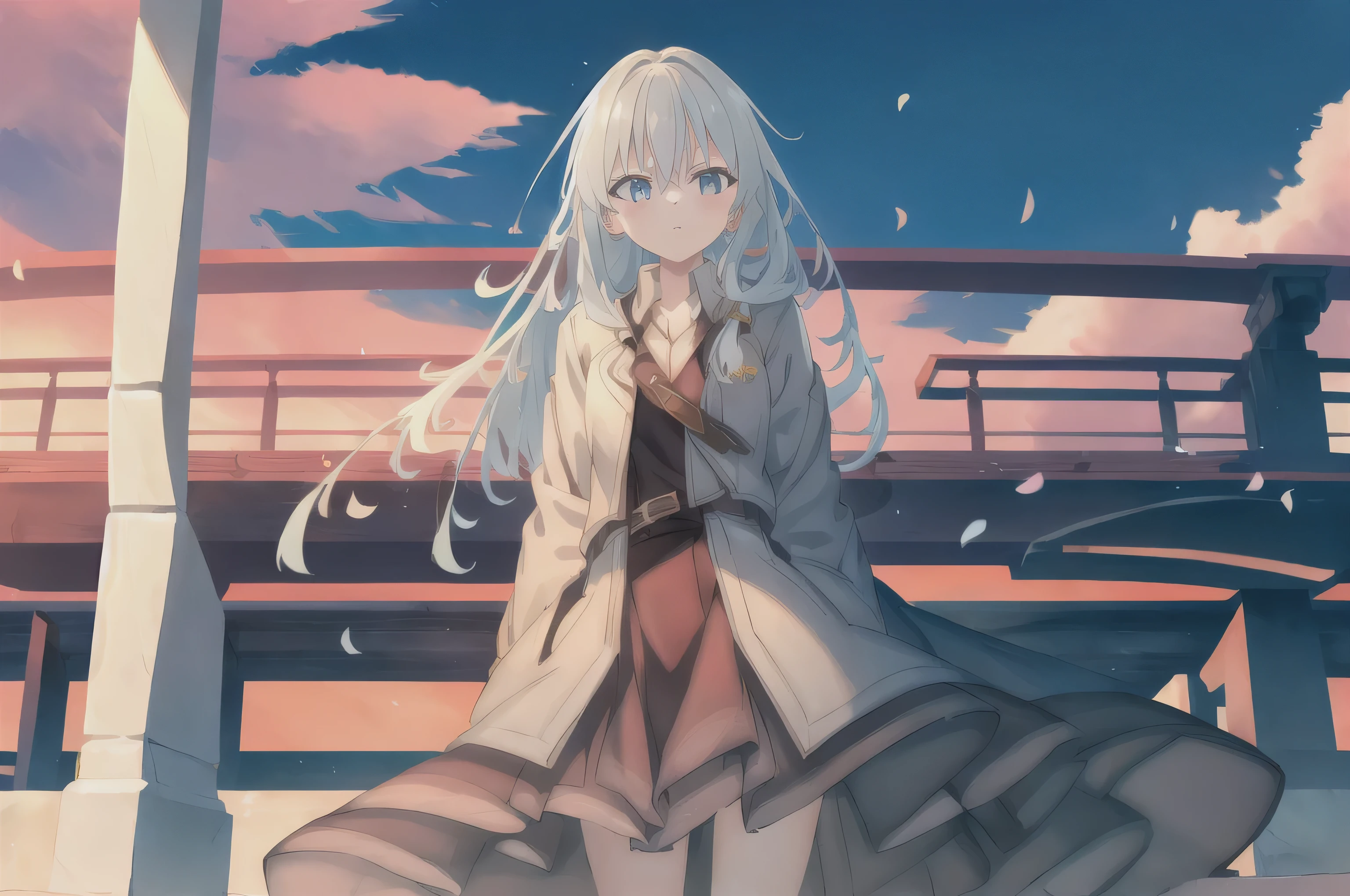 (Best Quality, masterpiece, high resolution),1 Girl,alone,long hair, bangs,cowboy shooting, blurry,wind,lightweight particles,