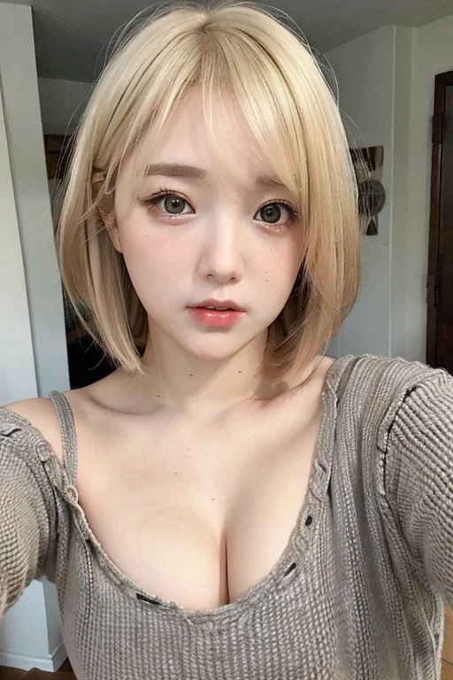 woman with perfect style、Breast augmentation、chest to chest、highest quality、bob、loose clothing、charm、blonde
