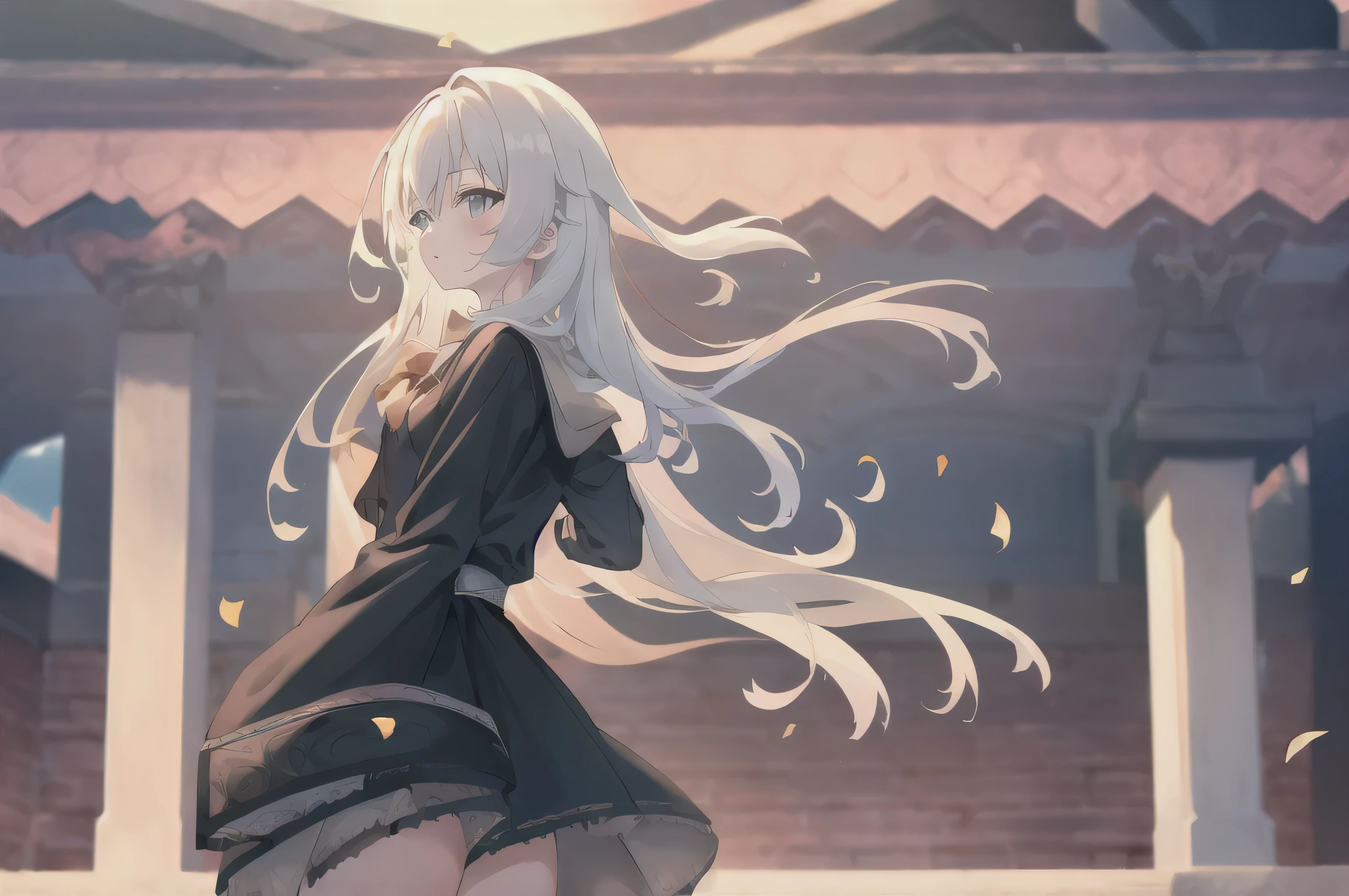 (Best Quality, masterpiece, high resolution),1 Girl,alone,long hair, bangs,cowboy shooting, blurry,wind,lightweight particles,