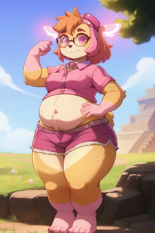 by darkgem, by duase, by bng, solo, 1girl, alphys, female, older woman, smooth body, chubby, heavyset, broad shoulders, wide body, wide hips, thick thighs, big arms, heavy breasts, nipple outline, highly detailed eyes, milf, tank top, (bare midriff:1.3), cleavage, large areolae, denim cutoffs, visible thong straps, Masterpiece, best quality, absurd res, highly detailed, cleanly drawn eyes, park environment, standing upright, cute smile, big bottom lip, black lipstick, casual posture,