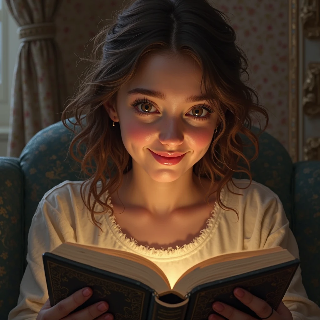Christian woman reading a love letter and her face shows a lot of happiness