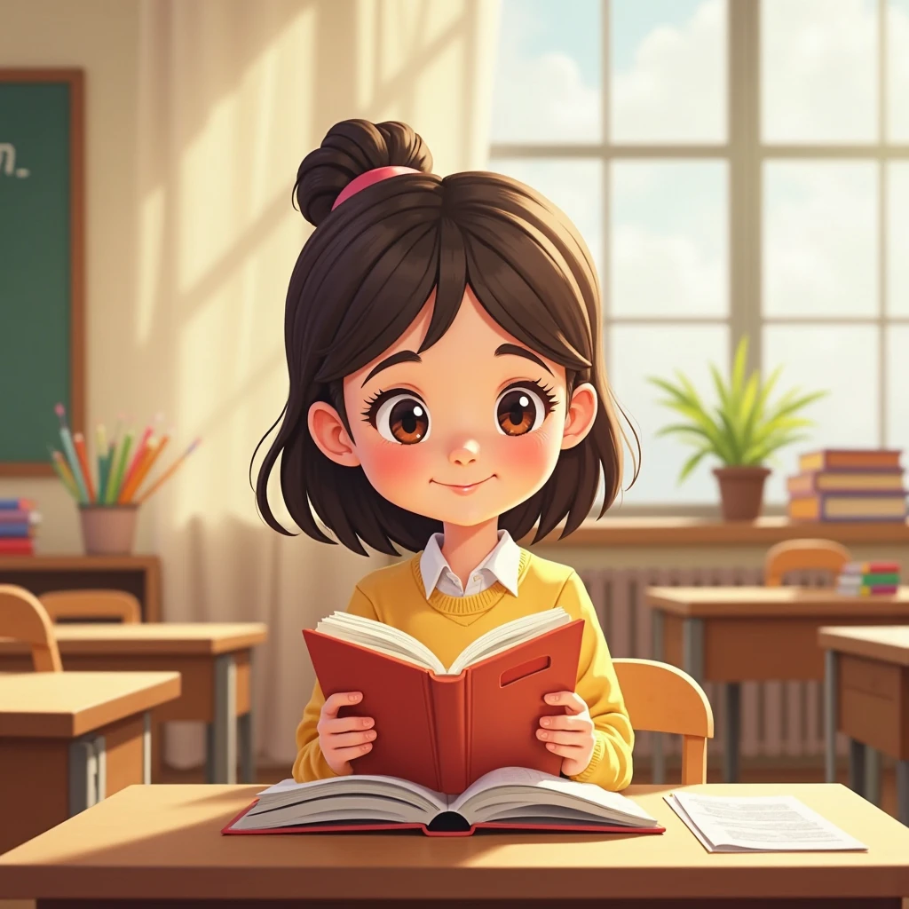 Child studying with a happy face.