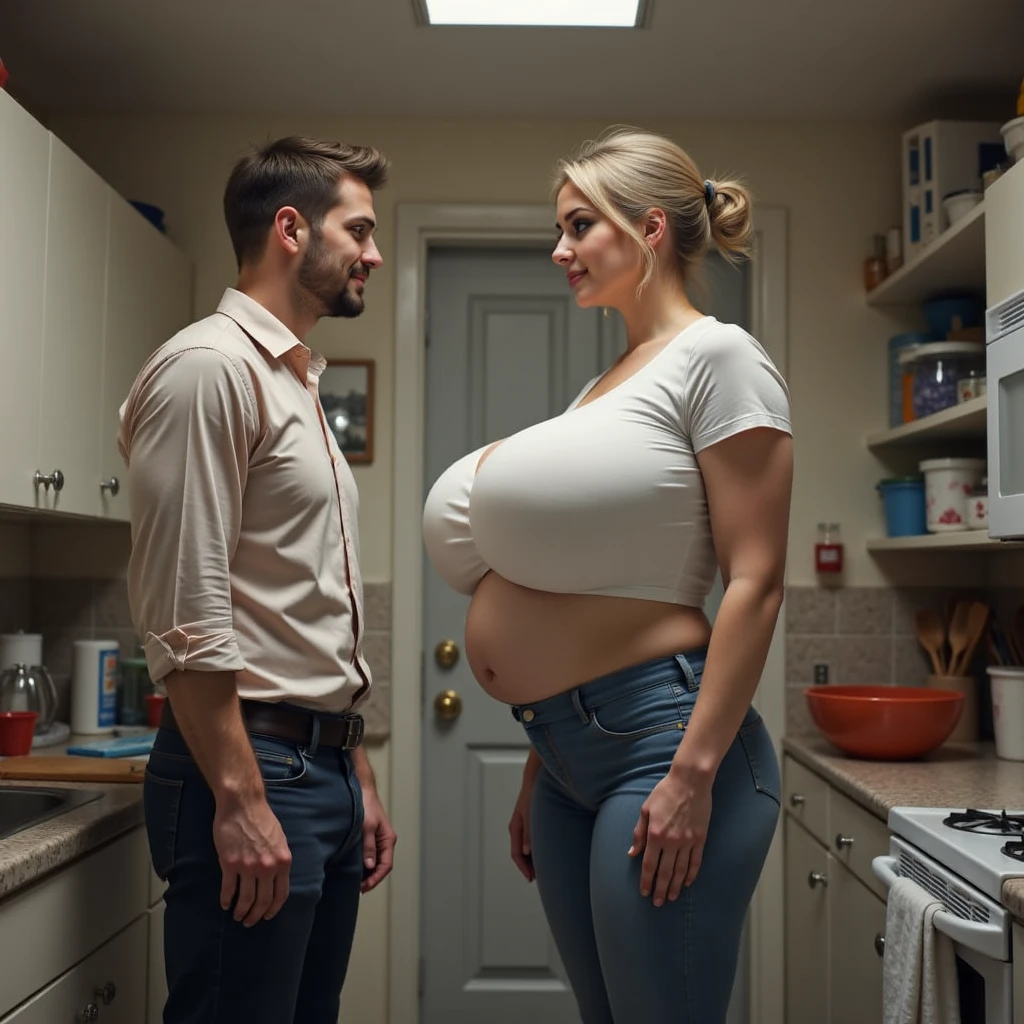 ((thick body mature woman age 40 American milf super model)) woman wearing tshirt and skirt, in kitchen, smiling, bra panties, lift skirt, nipples peeking out (((1woman standing, 1college son sitting, face on breasts, side view))), smiling, hands on thigh, lift shirt breasts hanging down on face