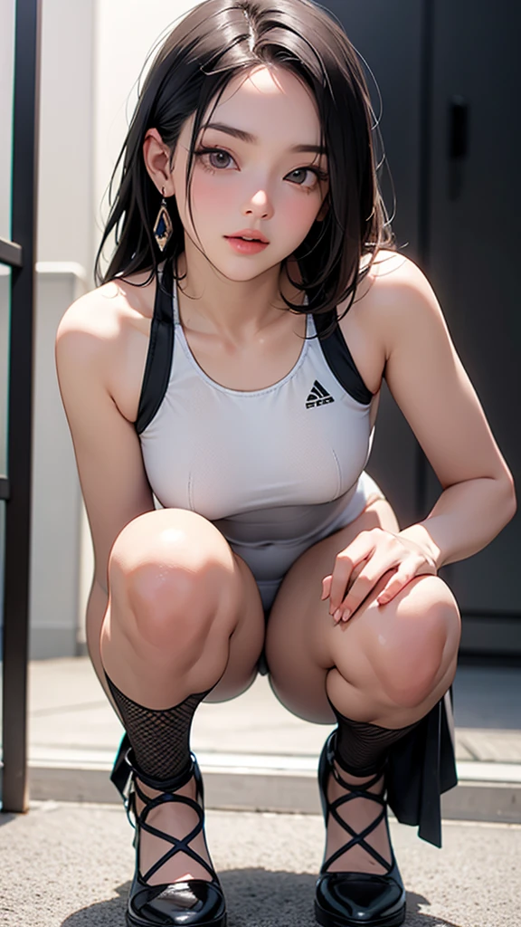 a woman in her 20s, highly detailed portrait, beautiful face, short hair, gym outfit, visible nipples, sweating, wet skin, wet hair, half-open mouth, blushing, legs spread, ecstasy, masturbating