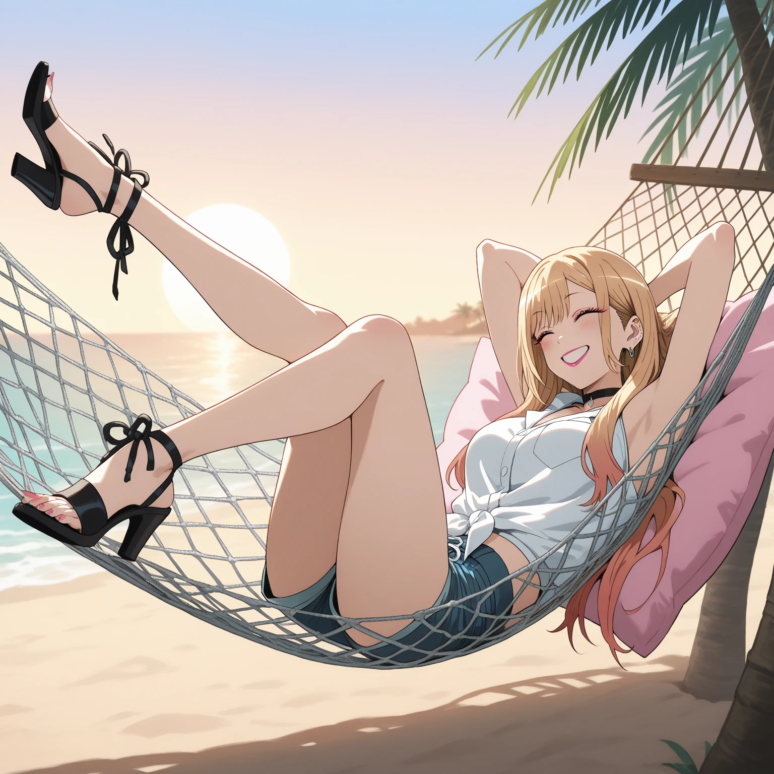 Masterpiece, highest quality, high resolution background, bright and beautiful atmosphere, 3 girls (2 years old, 1 short-tempered round face), 1  (hair, surface effects), small breasts, hammock between tropical trees A girl sleeping in a hammock, sunglasses, one piece, a mini pig hanging from a tree, a mini pig buried in the sand, "deltamon_sdXL :0.73) >Deltamon"