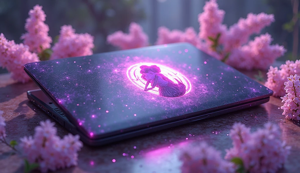The laptop shines lightly and anime characters float on its surface、Surrounding cherry blossom petals are swaying in the wind、close-up camera slowly moving towards the computer、fantastic atmosphere in digital art style。