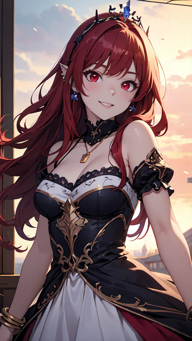 Fan art; One girl, dress, Outdoor, Red Sky, Yellow ribbon,, Super detailed