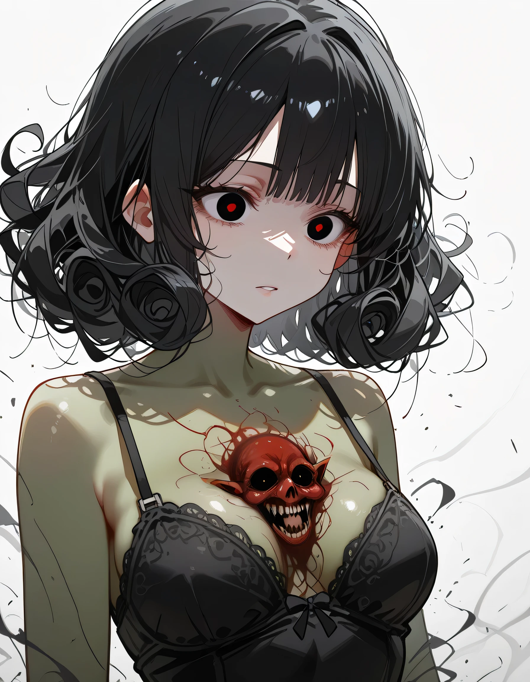 Solo. Creepy, terrifying muscularly lean girl with short messy curly black hair, big breasts, defined muscular thighs, a sharp jawline, crazy red eyes, metal wires joining his seperated upper jaw and lower jaw, Jeff the killer's mouth, muscular forearms, sharp shark-like teeth for teeth, pale white skin, red eyes on her body, wearing only a big white T-shirt, eating a lung, in a black background. Cannibalistic. Floating red eyeballs. Horror. Her name is Cannaria, . Blood, smiling. Stitches