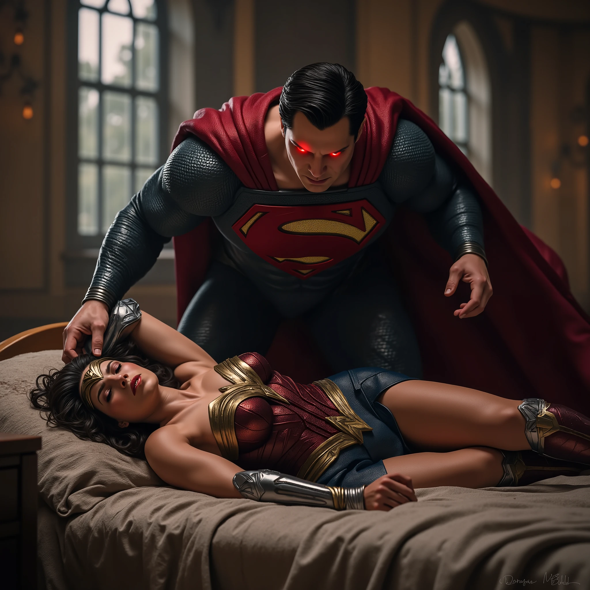 Wonder woman is laying down flat on the bed, in the ancient Amazon castle, she is sleeping and attacked by Superman, she is unconsciousness, painful, eyes close, Superman is bending on her body from her leg, he touch her leg, red light from Superman's eyes, whole body visible from head to feet, hyperrealism,