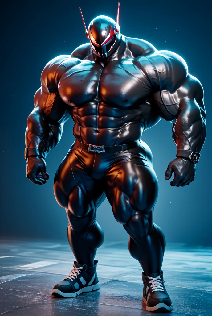 Destroyed city wallpaper, Biomechanical creature in humanoid form, with opalescent skin and scales, Masterpiece, absolutely perfect, Stunning image, visually rich, Intrinsically detailed, Concept art, by MSchiffer, Bright Holographic, Kinematic, Background UHD screen, 3D, Octane rendering, volumetric lights. huge muscles, muscular thighs, bulging neck. Tanned skin massive muscular bodybuilder, muscular body, bodysuit, bodybuilder body, strong ABS, tight clothing, body full of muscles; ripped abs, V-shaped body, thick waist, long legs, strong arms, Full Body Create an image of a black warrior after an apocalypse in the future, huge muscles, enormous pectorals, chiseled ABS, enormous pectorals, Exaggeratedly large muscles. Full length photo, Cyborg suit, Black skin, black bodysuit, bodysuit, muscular body, GigaChad, staring eyes, wait, Arms outstretched, wait, Standing Art Neon Light, in the dark of the night, colored, Detailed, 4k