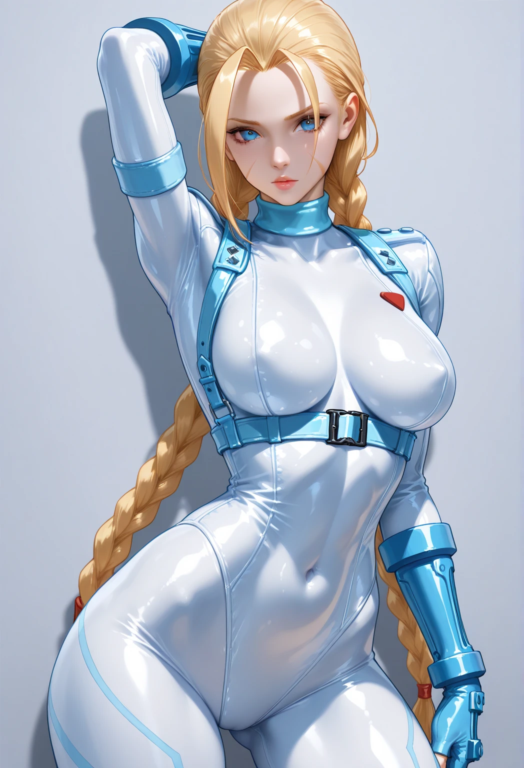 highres, realistic 1girl, (like Tatiana Badiu & sunnyrayyxo), (solo), (Mirko) in cammy_white_(cosplay), rabbit_girl, ((dark_skin)), red_eyes, ((white_hair)), very_long_hair, long_eyelashes, ((large_breasts)), (huge saggy breasts), curvy muscular, sexy body, stunning sexy, underbust, abs, covered_abs, curvy, ((thick_thighs)), thighs, toned, smile, teeth, upper_teeth_only, body paint (white_leotard body paint), ((highleg, highleg_leotard, taut_leotard)), blue_gloves, blue_headwear, beret, hat, chest_strap, (thigh_strap), thigh_holster, holster, camouflage, bodypaint, gloves, ((sleeveless_turtleneck_leotard)), braid, twin_braids, low_twin_braids, ahoge, huge_ahoge, (looking_at_viewer, hands_up, rabbit_pose, armpits), bare_shoulders, ((ass_visible_through_thighs)) (skindentation, rabbit_ears)