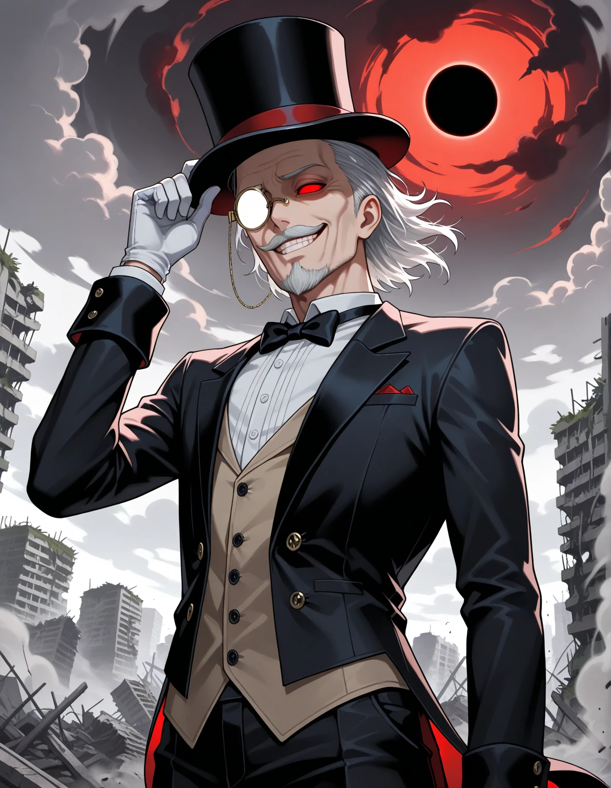 (masterpiece,best quality,absurdres,lineart:1),original design,accessories,close up,1boy,(skeletal:1.3),buisness man,suit and glasses,subtle smile,glowing lights,modern fantasy,in an alley,overhead light,close up portrait,sunken eyes,metallic details,creepy,sinister