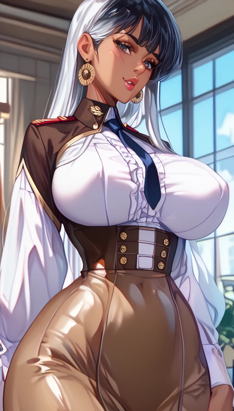 Mommy white hair blue eyes with very big and huge breasts with a bra in a very beautiful and very detailed  uniform