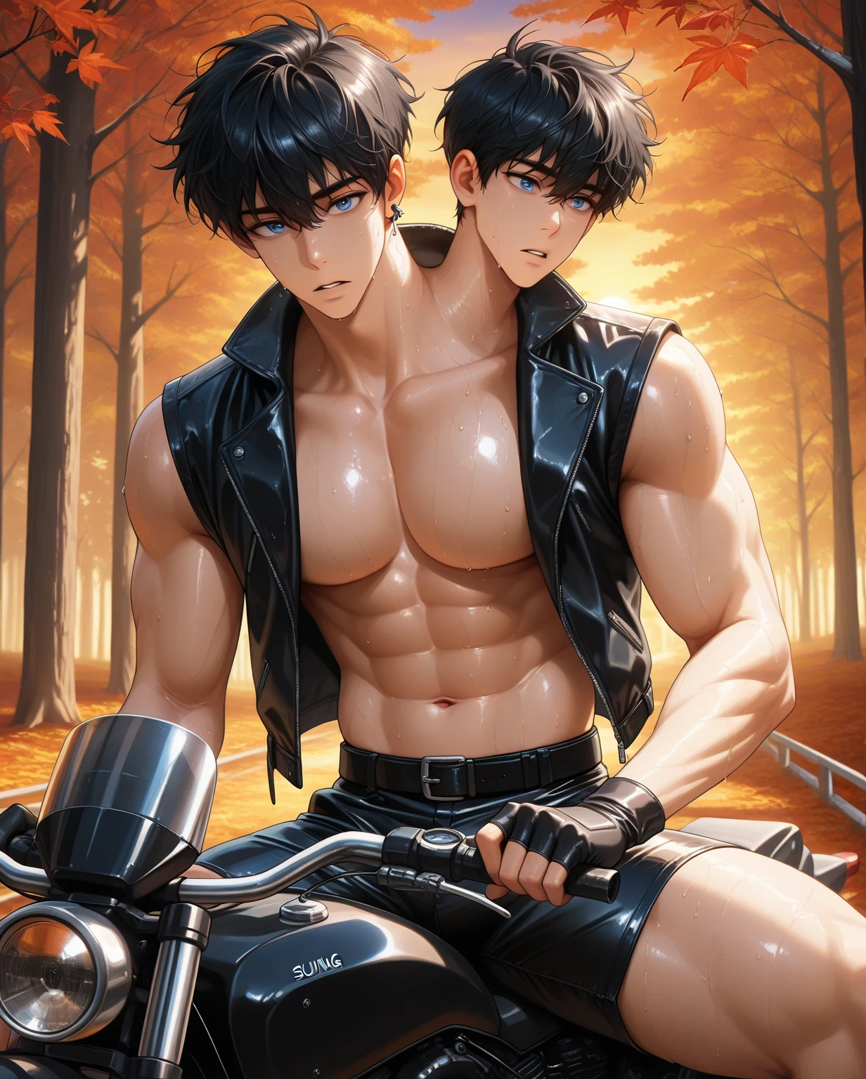 high quality, detailed,(two boys),(22 years old tanned japanese idol wrestlers), (detailed black eyes), (black short hair), (muscle:1.5), (dark brown shiny skin), black tiny thong, bulge,detailed areola,palace bedroom,looking at viewer,(best quality,4k,8k,highres,masterpiece:1.2),(realistic,photorealistic,photo-realistic:1.37),