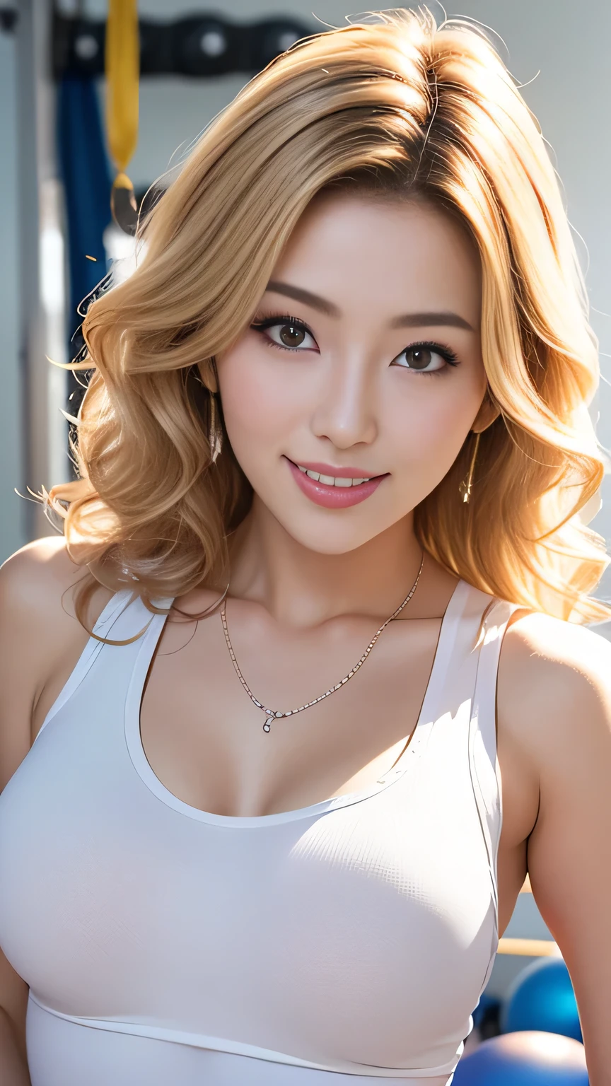 8k, raw photo, best quality, masterpiece, realistic, photo realistic, clear, professional lighting, beautiful face, best quality,ultra high res, realistic japanese beautiful, Super detailed, detailed fingers, solo, upper teeth, hanging breasts, indoor, gyaru, eyelashes black,