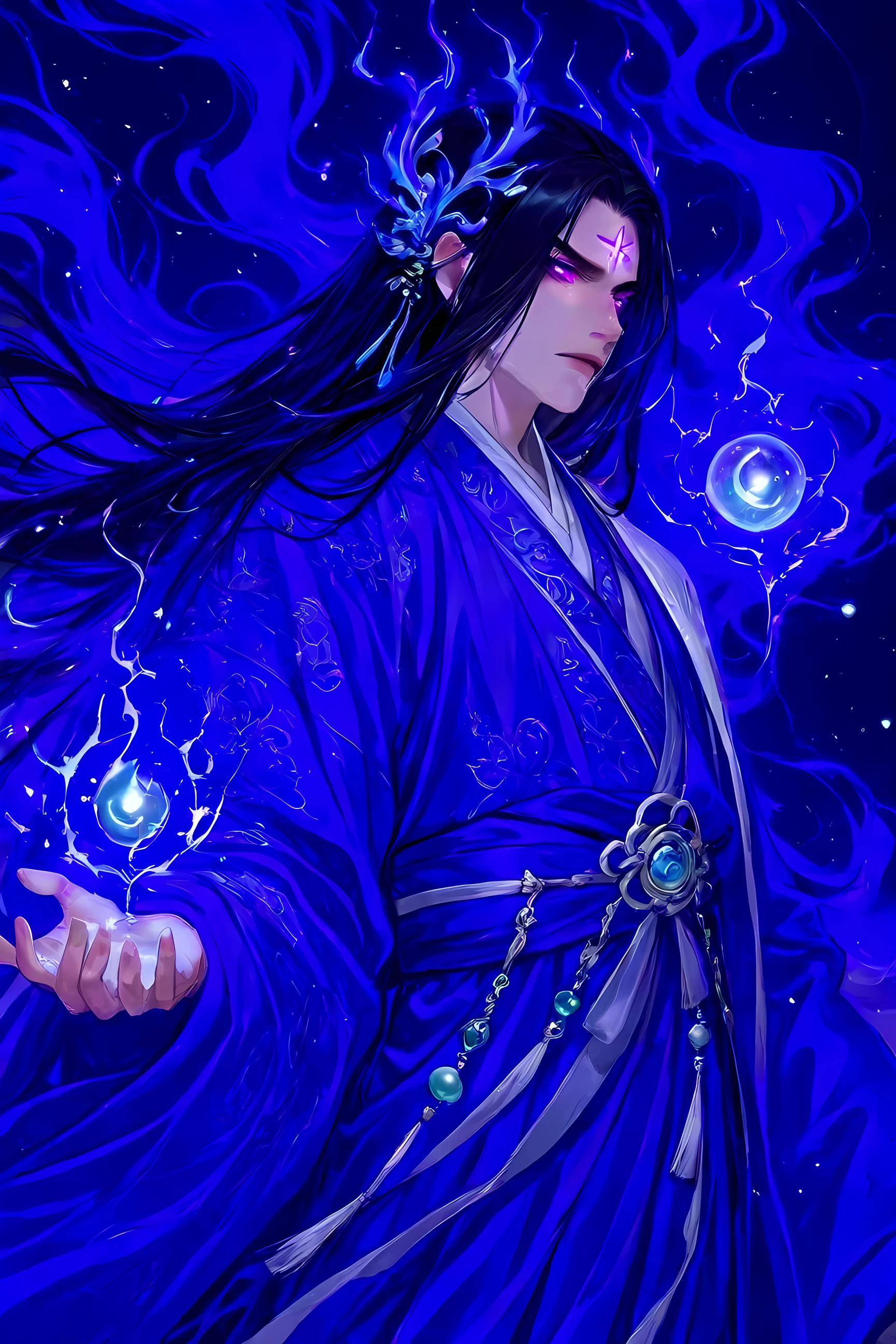 Han Jue, an impossibly beautiful male cultivator with long, flowing black hair, flawless porcelain skin, and glowing deep purple eyes, with a black divine mark between his brows. He exudes elegance, overwhelming charm, and the noble aura of a banished immortal deity. His refined, ethereal presence radiates immense cultivation pressure and celestial grace. He wears a flowing, light blue and white hanfu with intricate embroidery and jade accessories, his robes and hair moving in a soft spiritual wind. A glowing immortal mist surrounds him, enhancing his divine presence. Soft cinematic lighting, dreamy background, floating energy particles, painterly brushwork, detailed face and clothing, anime-style manhua illustration, high-resolution fantasy concept art.