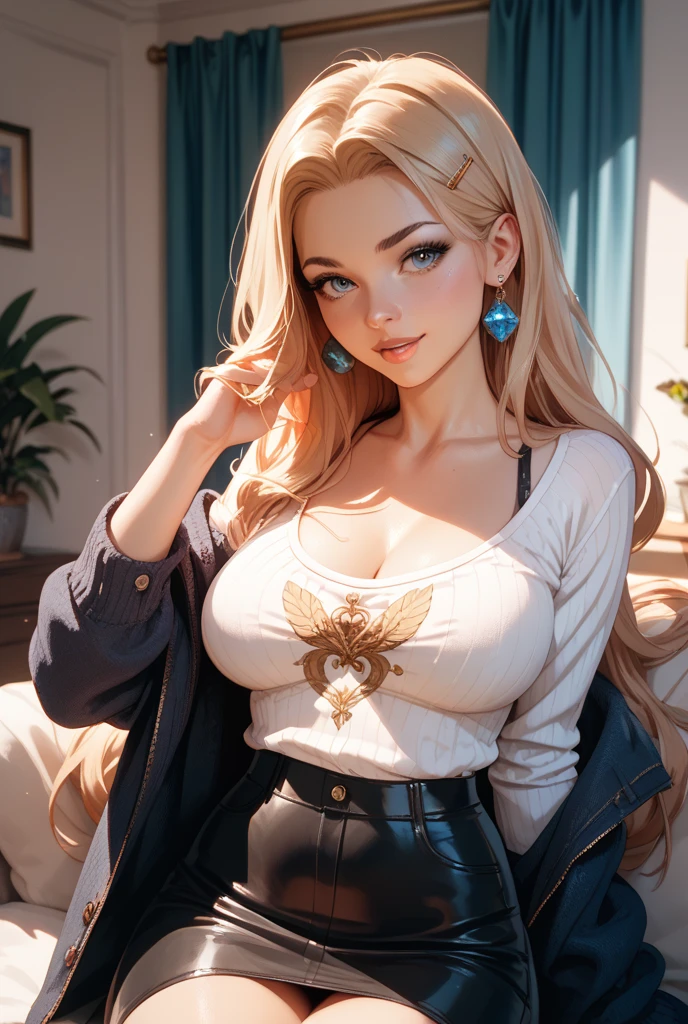 highest quality, Super quality, 16k, Incredibly absurd, Very detailed, delicate, Flashy and dynamic depiction, Beautiful Caucasian Woman, Excited expression, Best body shape, Wearing a loose knit sweater and ragged jeans, Portraiture, Background Simple color