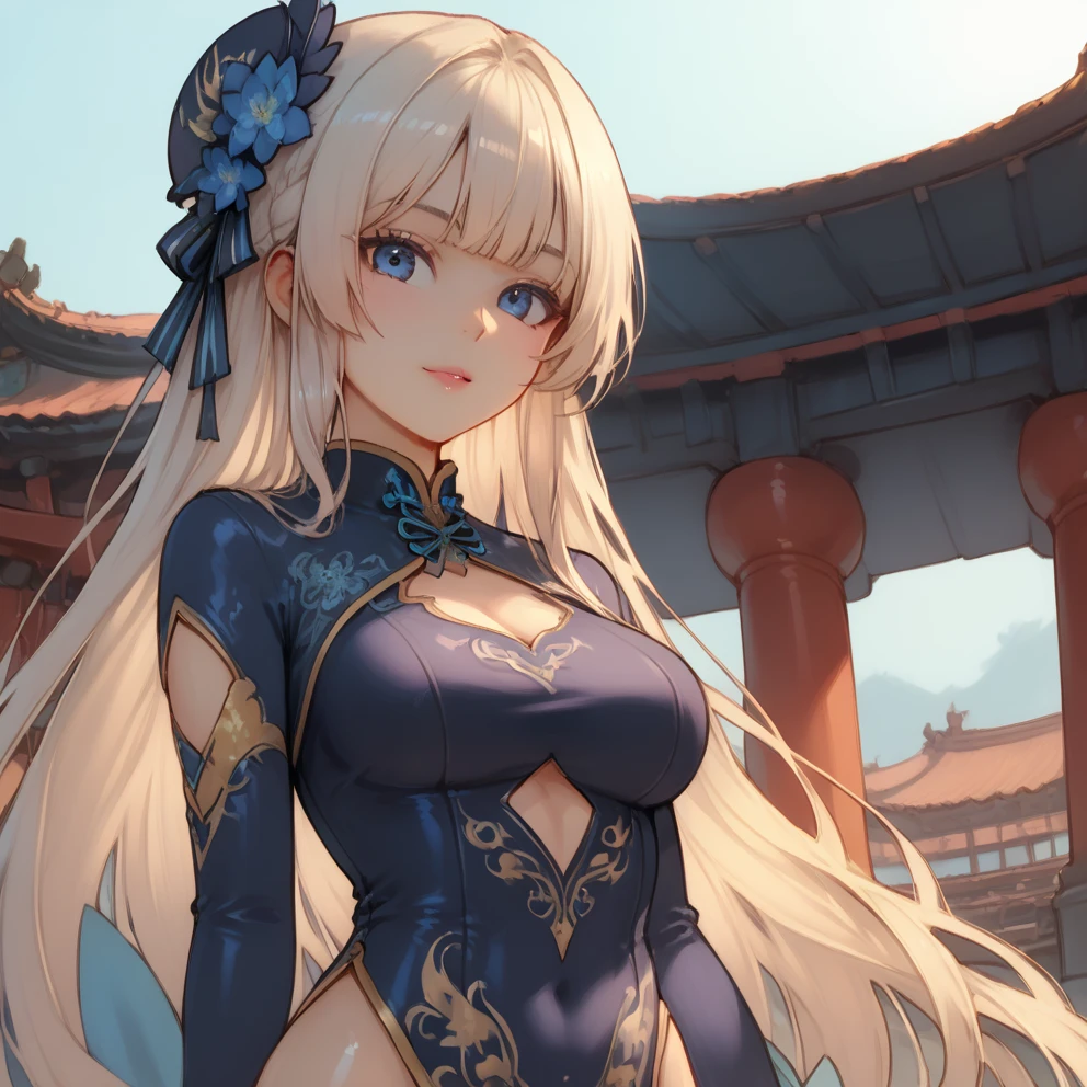 Official Art, Masterpiece, Sharp Focus, (Beautiful Gorgeous Cute Chinese Woman: 1.3), (Beautiful and Cute Chinese: 1.3), Chinese Beauty, Delicately Beautiful Hair and Eyes and Face, Realistic, Ultra-detailed, Beautiful Girl, Fine Light Rain, Wet Clothes, Glow White Particles, (Side Lighting: 1.2), Sunlight, White Clouds, Delicate Clouds, Slender, Cute Big Breasts Big Buttocks, Toothy Smile ((Laugh with Eyes Open)), Landscape, Long Straight Hair, Sexy Facial Expressions , Mountains and rivers in background, damp clothes clinging to body curves, (Cityscape:1.7), Dynamic hair, Long straight hair, Delicate gilt blonde hair, Glowing heterochromic pupils, (upper body tight vest, thong ), Black stockings, Pale skin, Hair accessories, Epic scenery, gorgeous cheongsam