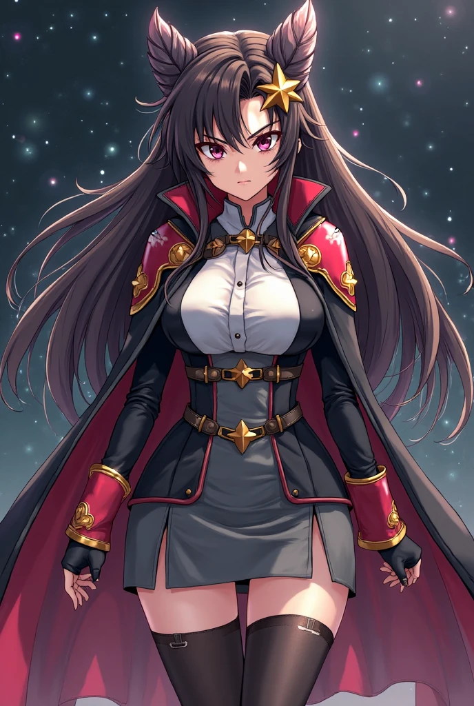 Demon Slayer female character that has long brown hair, light brown skin, golden colored eyes, has a serious or stern look, and is petite in stature.