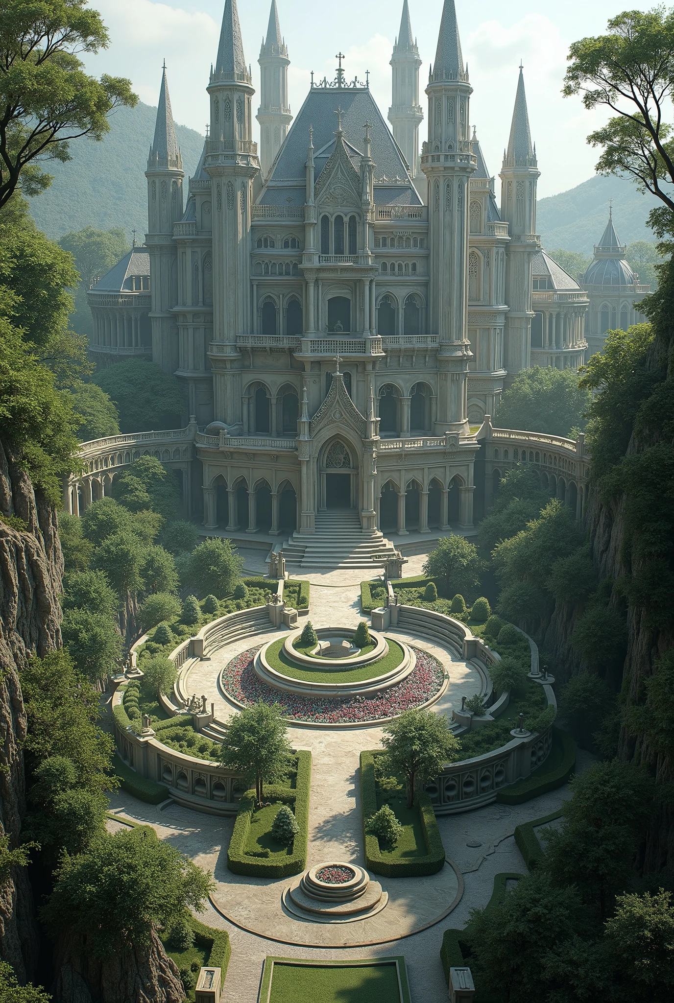 ((elven mega mansion)), majestic and vast elven architecture built on cliffs, surrounded by and lush mystical vegetation, ancient elven design with tall spires and elegant arches, ethereal light filtering through the forest, enchanted atmosphere, no pools or artificial elements, everything integrated with nature, fantasy environment, RPG setting, highly detailed, cinematic perspective, ArtStation style, wide composition, fantasy landscape