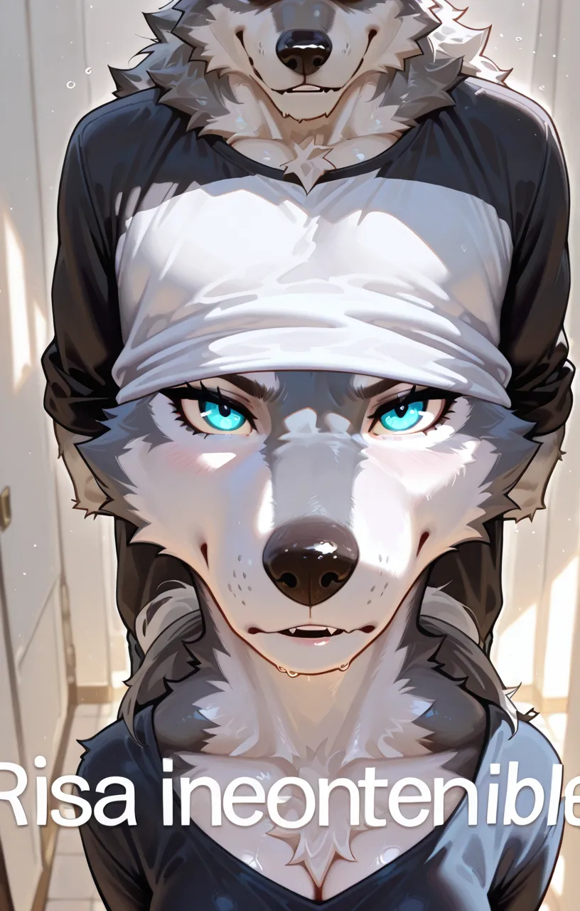 score_9, score_8_up, score_7_up, shirou ogami, female wolf anthro, feminine, hourglass figure, white furry body, fluffy tail, detailed fur, fluffy body, blue eyes white sclera, black lips, collar, black panties, naked, simple white background, on a bed, on all fours, pov, pov doggystyle sex, anal sex, human viewer, viewer is grabbing her ass, she is yelling, :O