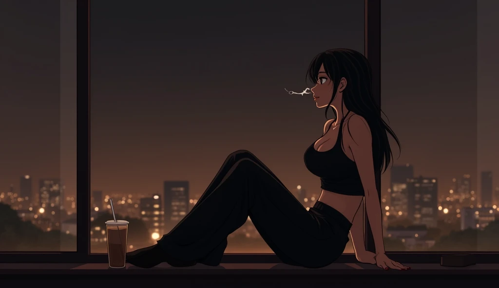 score_9, score_8_up, score_7_up, score_6_up BREAK 1girl,solo,outdoors,sitting,cityscape,sunset,ripped jeans,butt,from side,turtleneck sweate,sitting,arched back,beverage,table,dark-skinned female, long black hair, facing away,arm rest