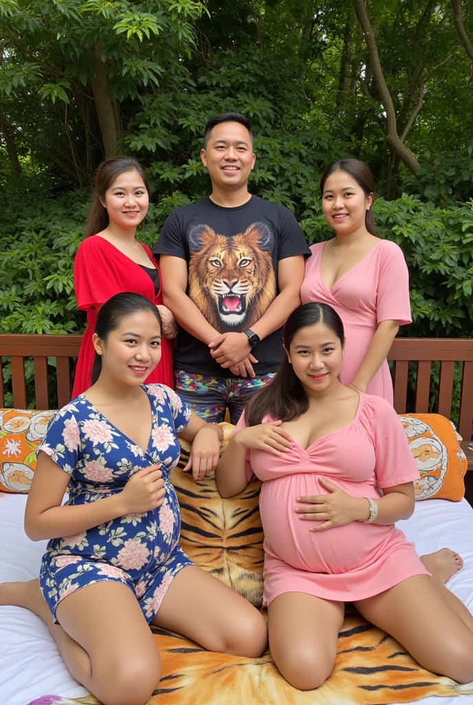 2 beautiful young Indonesian women with long hair, curvy and cute,and a handsome young man, muscular body, Two heavily pregnant women are adjusting their long Punjab dresses while holding their bellies. A man is standing in the middle, not wearing a shirt but in short boxer shorts. He is taking a selfie in front of the house, looking at the camera. 