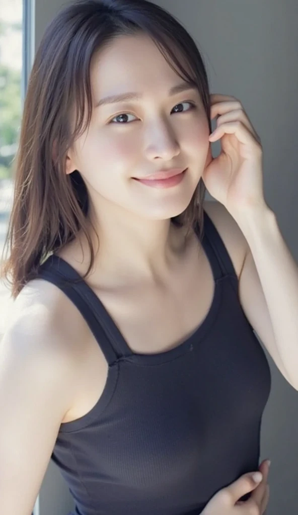 Highest quality, masterpiece, Ultra-high resolution,8k,((Dynamic Shadows)), (Realistic:1.6), Dark Room,(Smiling portrait:1.4) RAW Photos,(((Tank top))),((Pleated mini skirt)),((Nipples seem to be visible)),((Full body photo)),1 person,Omotesando,A slender adult 26-year-old woman,(Full of smiles, )) ,((Ponytail and Hair Tie)),((Ribbon in hair)),((Looking up at the audience)),Face Focus:1.4,((Shooting from above with a fisheye lens:1.2)),