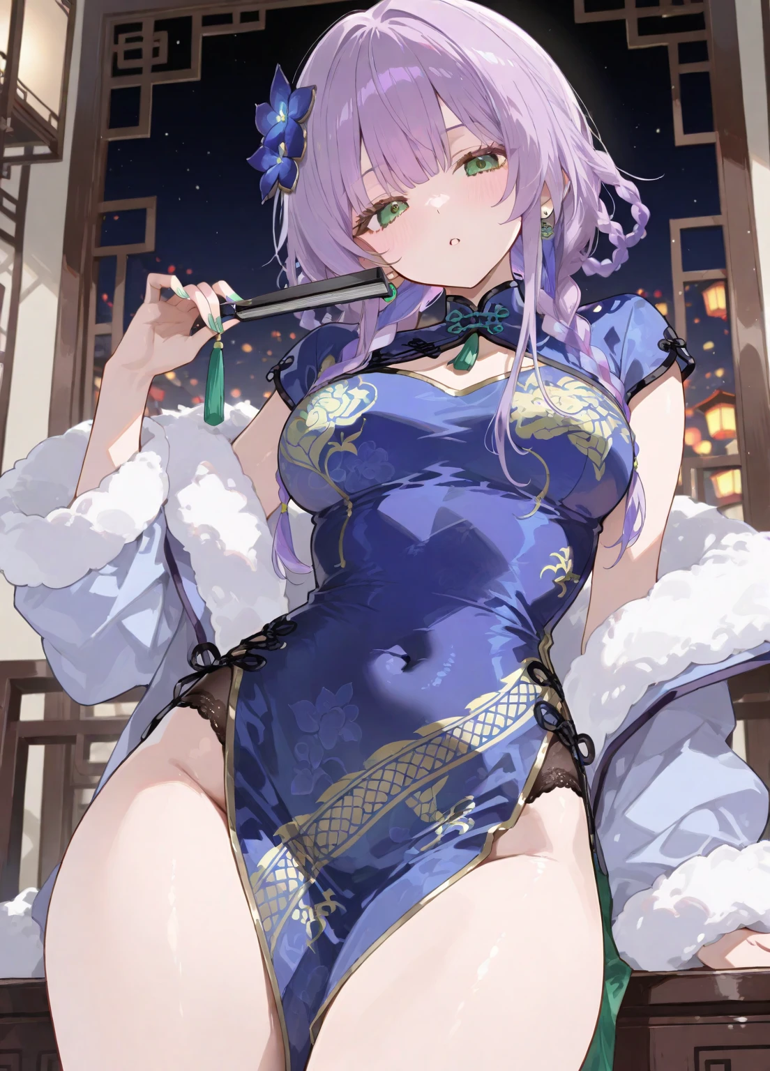 Large Breasts、Cleavage、smile、  1 rapariga：1.8、purple cheongsam、Purple hair ornament、Bun head、Purple Fan、Purple Glitter High Heels、Chinese whitebackground、(PastelColors:0.3)、(Cute illustration:0.3)、(watercolor paiting:0.5)、
