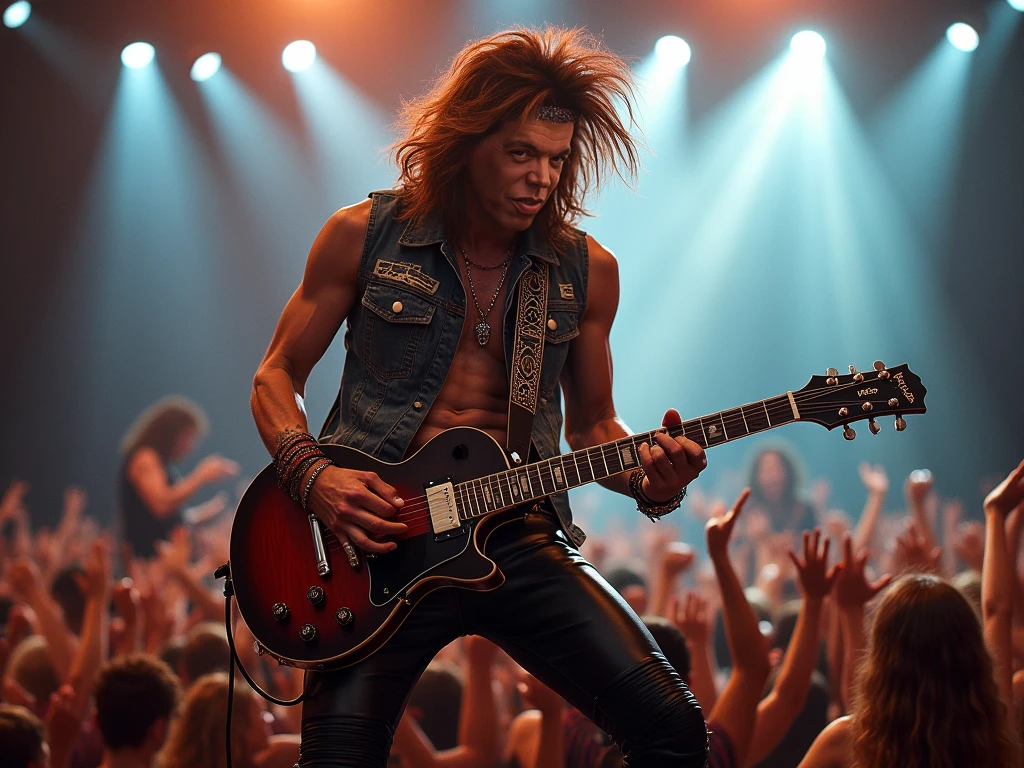 highly detailed full body photo of a naked boy band guitar player, only wear necklace, lean, thin, skinny, slim, (playing guitar on stage), , bare chest, naked man, navel hair, (well defined face, gentleman:1.3 ), (detailed face), (perfect detailed eyes, focus on eyes, bright eyes:1.1), focus on face, middle age, father, powerful, raw, 8k uhd, high resolution, DSLR, high quality, Fujifilm XT3, award winning, masterpiece