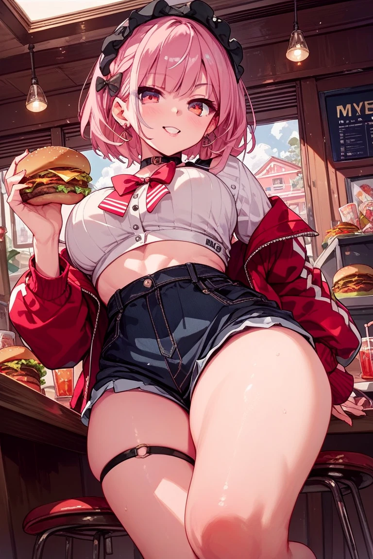Soft cream, cute, Pitiful, Girl, short hair, Beach House, Swimwear, counter, Fast food clerk, Fast Food Worker, Misaka Mikoto, 1girl, black choker, uhd, retina, masterpiece, ccurate, anatomically correct, textured skin, super detail, high details, high quality, best quality, highres, 4K