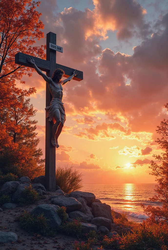 Visualize a respectful depiction of Jesus Christ on the cross, where the scene evokes a sense of deep reverence and contemplation. Capturando a serenidade do momento, destaque a figura de Jesus em meio a uma atmosfera de luz suave, symbolizing the redemption and hope that his crucifixion represents for millions of people around the world."