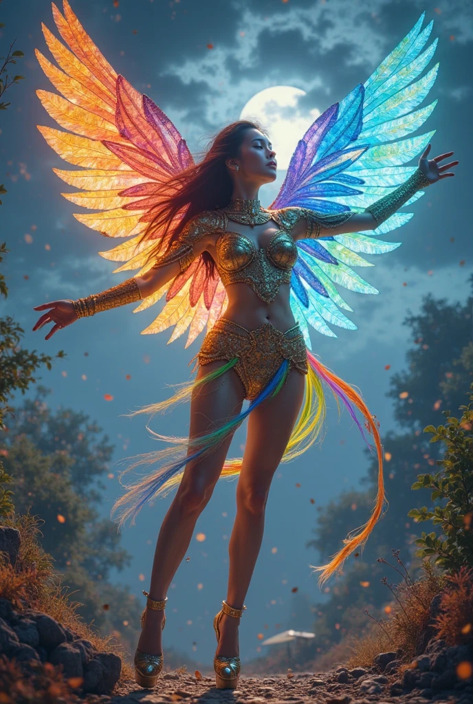 In a dazzling panoramic gouache painting, a resplendent fairy adorned in luminous crystals and shimmering petals captivates the eye. This detailed artwork showcases a whimsical scene of nature's enchantment. The fairy's wings glisten with an ethereal iridescence, casting rainbow hues across the vibrant floral backdrop. Each delicate feature is expertly rendered, creating a magical aura of fantasy and beauty. This image is a testament to the artist's skill and imagination, inviting viewers into a world of wonder and delight.