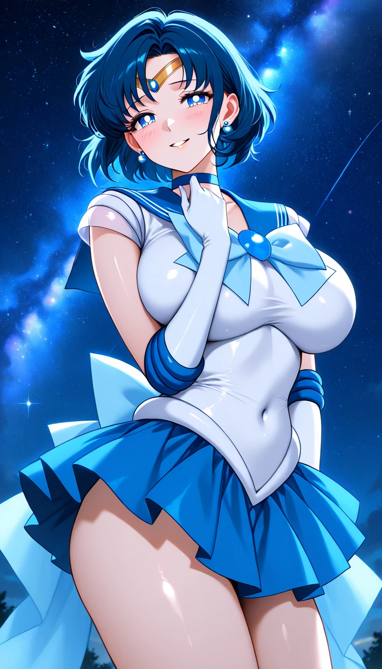 ​masterpiece, top-quality, Hi-Res, mer1, tiarra, Sailor Senshi Uniform, Blue Sailor Color, the bow, knee boots, a choker, white glove, Blue choker, elbowgloves, jewely, 耳Nipple Ring, a blue skirt, cowboy  shot, is standing, space_background,eye glasses，爆乳，A MILF，nsfw
