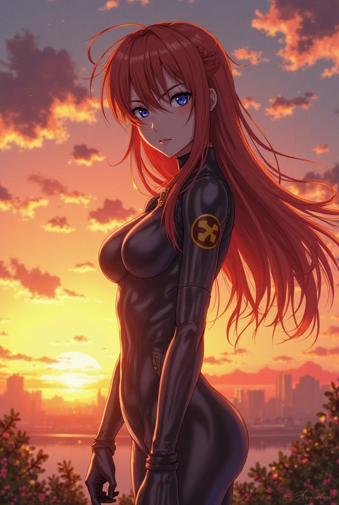 sunset shimmer,unzipped all the way,cleavage,pubic hair,navel,sexy pose,latex bodysuit,tight-fitting,bright colors,shiny material,reflection,highlighted curves,vibrant sunset colors,sensual lighting(front light),sunset hues,warm and glowing ambiance
