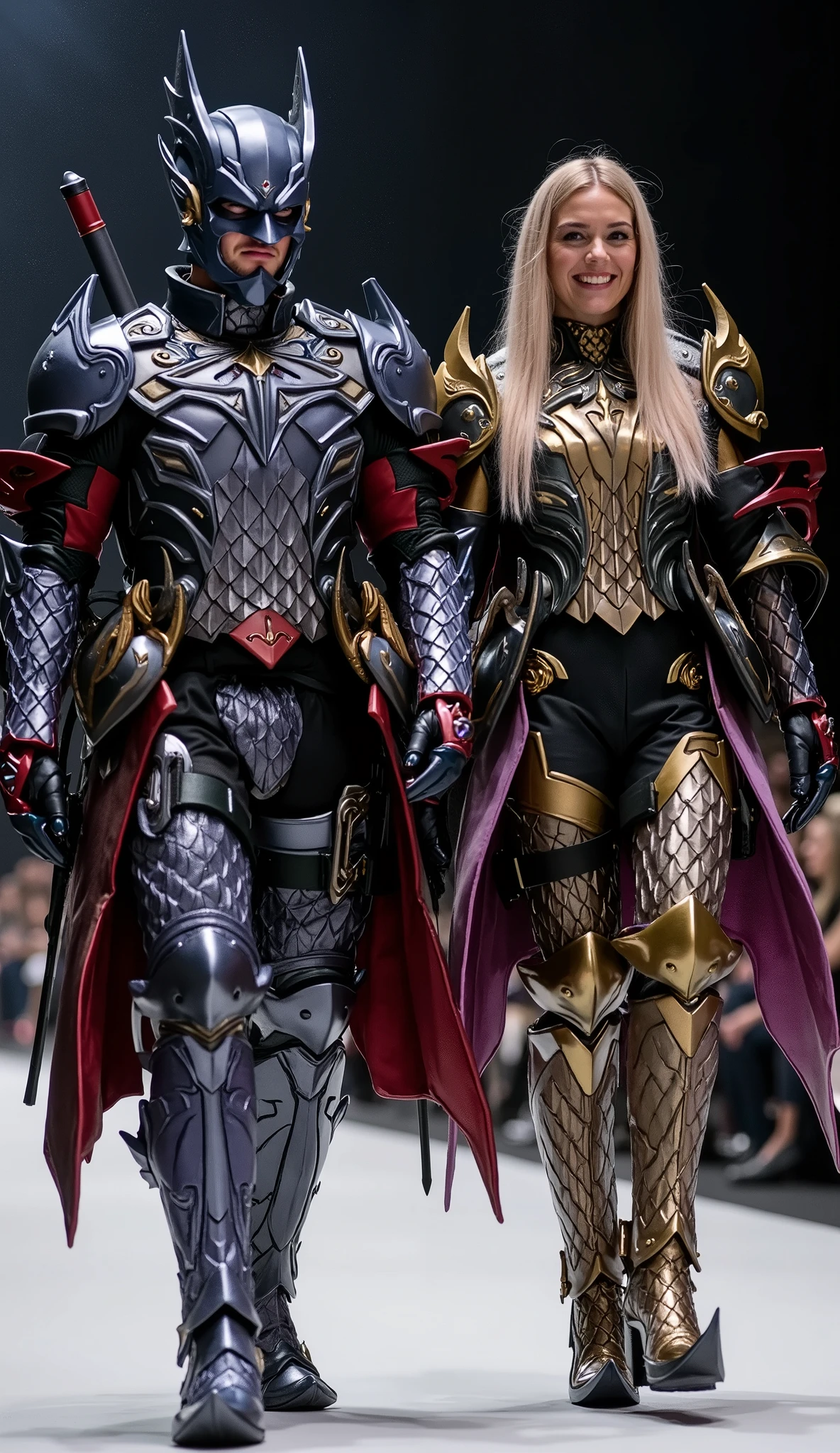 character: 1 man with Deadpool mask full head wearing silver Deadpool body suit with gold dragon armor, and 1 woman long straight blonde hair wearing silver Deadpool body suit with gold dragon armor. Looks Europe face. Two katana swords on their backs.
action: Walk straight and look camera.
Expression : smiling.
Background : On the runway stage . They radiate happiness as they walk confidently in their superhero costumes. Show the whole body. They are holding weapons