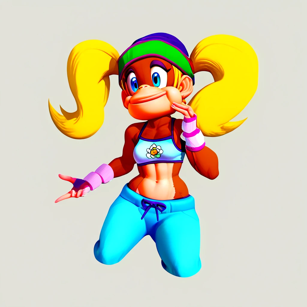score_9, score_8_up, score_7_up, score_6_up, score_5_up, score_4_up, 1girl, solo, cellvore, t_kong, beanie, blonde hair, twintails, blue eyes, crop top, wristband, midriff