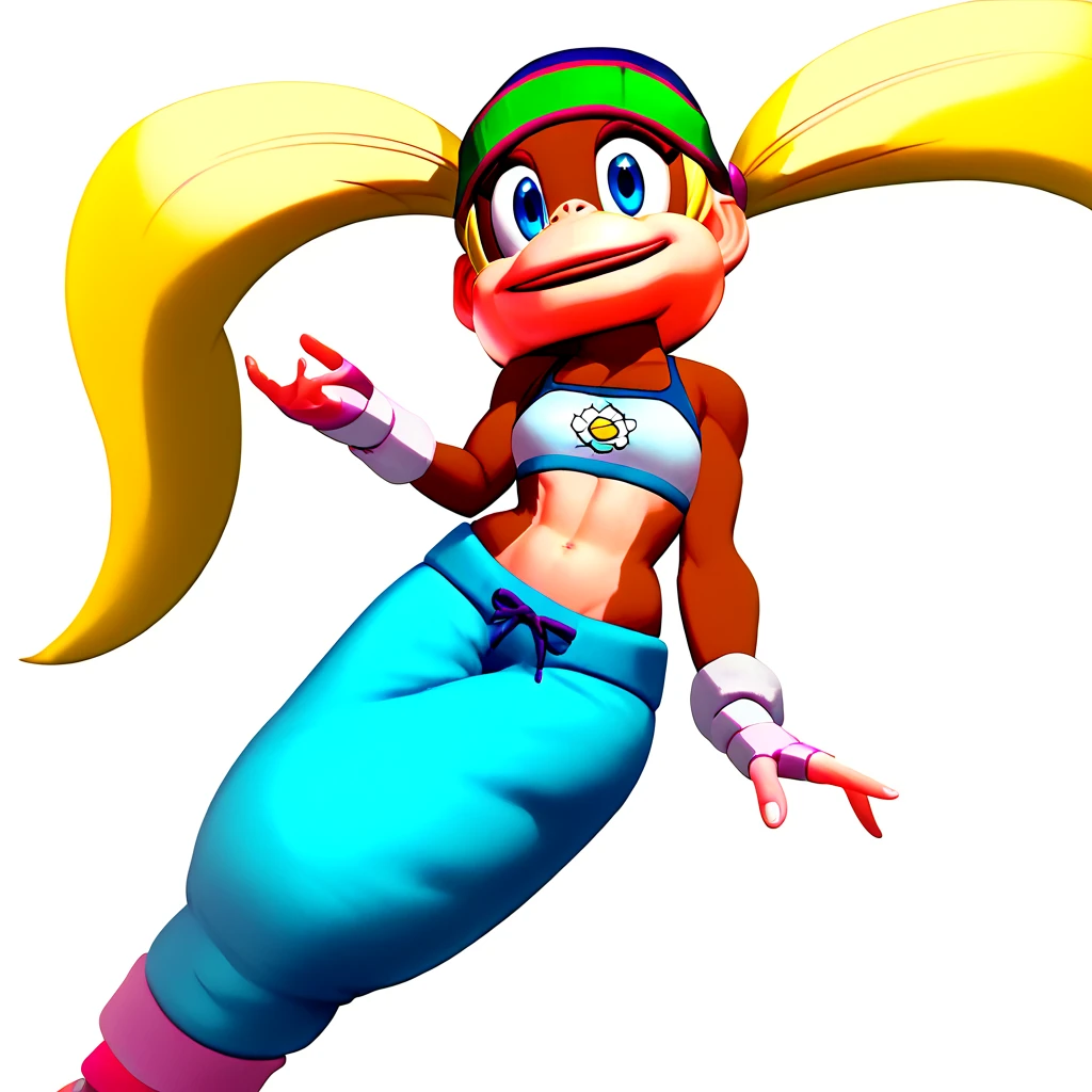 score_9, score_8_up, score_7_up, score_6_up, score_5_up, score_4_up, 1girl, solo, cellvore, t_kong, beanie, blonde hair, twintails, blue eyes, crop top, wristband, midriff