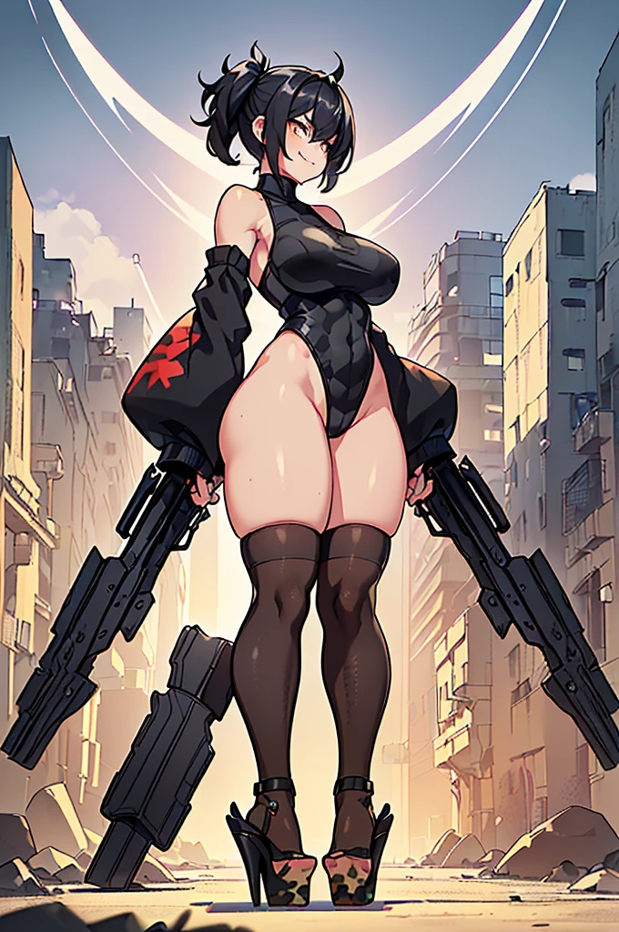 young girl, Pullover, whole body to see, short hair, (( very wide hips)), (((colossal Thighs, gigantic thighs, very huge thighs, very big thighs))), fullbody, high platform heels, soldier girl, Fit girl, ABS, high cut leotard, Cyberpunk, angry smile, holding gun, Battle, Bob cut hair, sleveless, shoulderless, tight stockings,