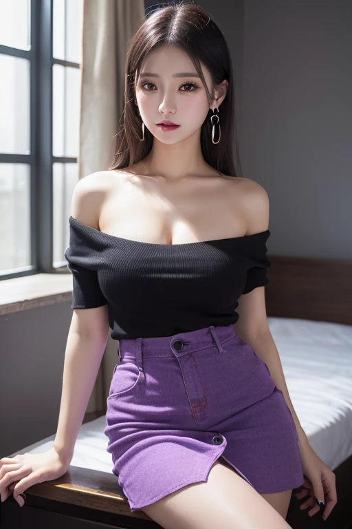 Best quality,((black interior wall background)),BLACK background墙,Horizontal background wall,black interior wall background,BLACK background,black interior wall background,Model photography style,Blu-ray,Perfect young female office worker,Chinese Big Breasts,HD,masterpiece,Black Hair,Single ponytail,Hair accessories,Off-shoulder,clavicle,Delicate face,Hydrating red lips,Face fill light,((Wear bright colors、Fashion of summer sailor suit))(red,blue,green,Violet-orange,Pink,of,Printed clothing,Colorful clothing),Kulfo,,Colorful pleated skirt,Shadow Lace Dress,Sparkling Jewel Dress,Lightning Starlight Dress,Crystal elements,Embroidery pattern elements,Tassel skirt,Snowflake Skirt,butterfly fairy dress,Drizzle dress,Bright,White,black,knitwear,Jumpsuits,Suspenders,Lace material,Silk Clothing,Real People,Bare thighs,Expose calves,(Looking down from above:1.2),Expose calves,(black interior wall background:1.5),CG Rendering,16K,dynamic poses,Empty of interior,Don't show your hands,close up