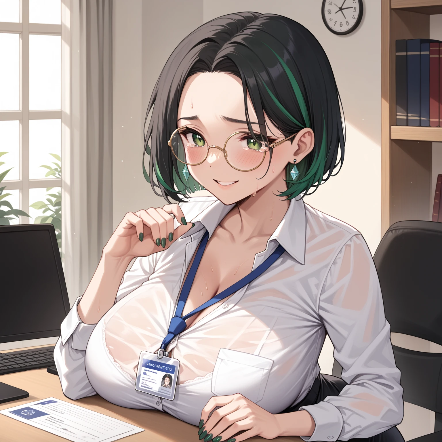 pov, , paizuri, 1girl,,1boy ,penis between the breasts, , cleavage, room, , sweat, beauty mark, , blunt bangs, medium breasts, laboratory, a beautiful nerdy scientists testing my penis, colored fingernails, penis enhancement research facility, naughty, green hair, nipples, lab coat, pen, post apocalyptic