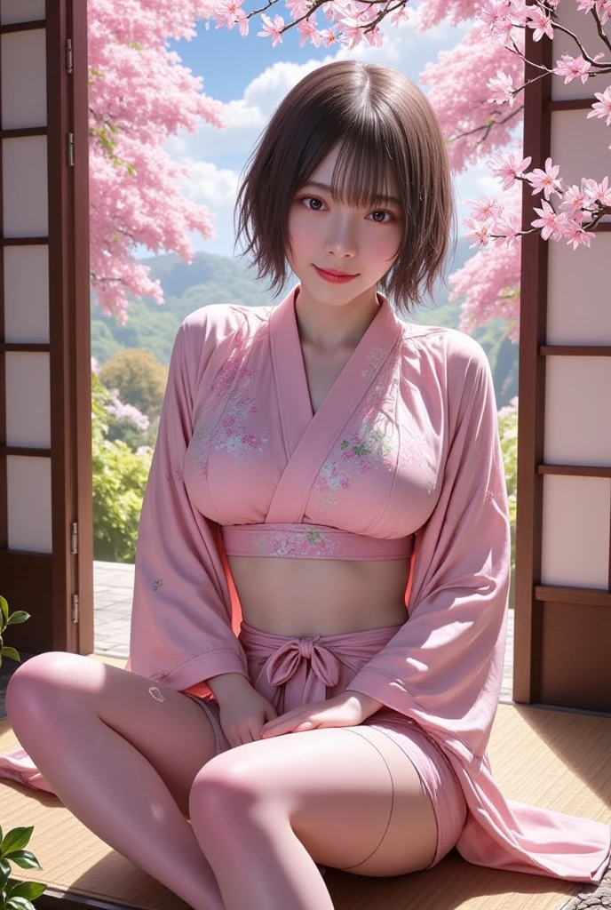 (Emo art:1.6),(8k, RAW Photos, Highest quality, masterpiece:1.3),(Realistic:1.25),nsfw:1.0 High Resolution, Ultra-high resolution, dynamic,(colorful:1.35) , Light blooming effect,(Blurred Background), BREAK 1 girl, alone,(Perfect Face:1.2),Representing a beautiful and elegant woman,(Very beautiful woman spreads her legs wide open to show her anus),(Wide Shot:1.2),Big Breasts ,Nipples 、between legs：1.0、((boobout:1.0)),Intricate details, adorable, Vibrant, Playful, (Perfect hands, Fine hand, Perfect Eyes, Detailed eyes),(great joy:1.3),(Improve:1.2), (Sunburned skin:1.1),(Realistic Skin and Hair Texture, Beautiful in every detail & Gloss & significantly),(Short, straight amber hair:1.3),(Striped Hair),Long, narrow eyes, Nose face ,Beautifully protruding chin,(High nose),((Long Bangs:1.3)),((full opened pussy:1.0)),Enchanting, Decorated, Charm,Enchanting, Enchanting, stylish, dizzying,(Healthy Body:1.2), BREAK ((Fancy costumes:1.6),(Traditional kimono with colorful and shiny luxury Japan:1.4),(Luxury Japanese kimono:1.4,Pale-colored Japanese kimono ,Detailed embroidery:1.4)),(Cherry blossom earrings and necklaces、As a hair accessory:1.3),BREAK (wind:1.4),(Scattering cherry blossoms:1.6),(Cherry blossom trees),(Cherry blossom petals fluttering, SakuraFubuki),(Highly detailed scene background), Blur the background,Mix 4,