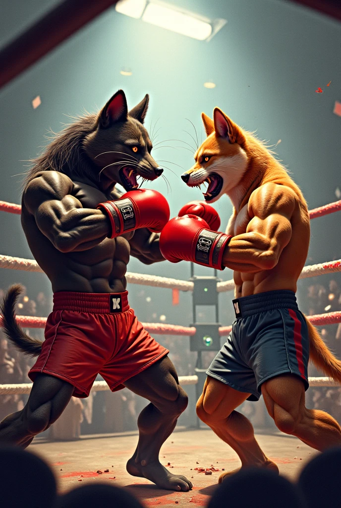 A digital illustration depicting a fierce boxing match between a muscular orange cat and a muscular white wolf, both wearing red boxing shorts and gloves. They are positioned in a boxing ring, surrounded by spectators, with dramatic lightning in the background enhancing the intense atmosphere. The cat is on the left, showing assertiveness, while the dog stands confidently on the right, both animals showing expressions of aggression.
Cinematic style, hyperrealistic, high quality, ultra realistic, high quality portrait, Cinematic Background,